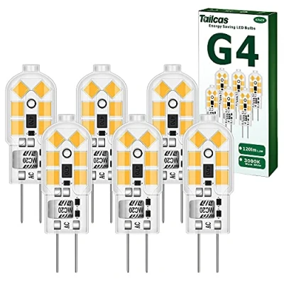 Immagine di Tailcas G4 LED Lampadina 12V, 1,2W lampade Equivalente Alogeno 10W, Lampadine Bianco Caldo 3000K, Senza Sfarfallio, 120LM, Non Dimmerabile, 6 Pezzi