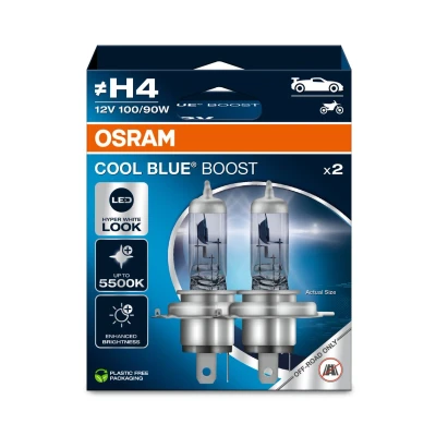 Immagine di OSRAM COOL BLUE® BOOST, H4, lampade alogene per fari, fino a 5500K, scatola pieghevole sospesa (2 lampade), solo uso fuoristrada