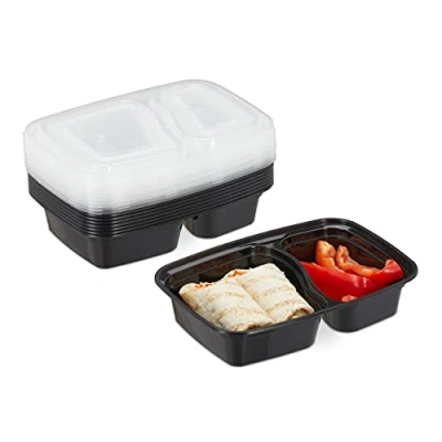 Immagine di Relaxdays Vaschette per Alimenti in Set, 2 Scomparti, Riutilizzabili, Porta Pranzo Plastica con Coperchio, Nero, PP, 10 pz