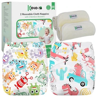Immagine di Kolo Set di 2 Pannolini lavabili riutilizzabili per bambini e neonati + inserti assorbenti in bambù. Taglia regolabile, unisex 100% Ecologici. Fantasia MonstersParty