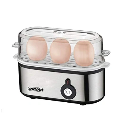 Immagine di Mesko MS 4485 Cuociuova per 3 misurini, 350 W, accessorio cottura uova morbide e rigide, spia di controllo, spegnimento automatico, piccolo, argento/nero, in plastica