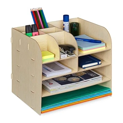 Immagine di Relaxdays Organizer da Scrivania con Portadocumenti, 10 Scomparti, HLP: 27,5x32,5x25 cm, Contenitore MDF, Marrone Chiaro