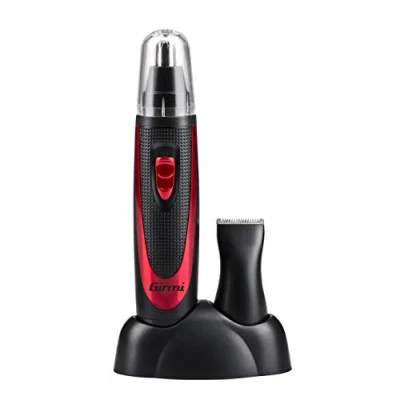 Immagine di Girmi RC02 Rasoio Rifinitore, Lame in metallo, Base d&#039;appoggio con alloggiamenti, Regola peli di naso, orecchie, basette e sopracciglia, Accessorio rifinitore naso/orecchie, Rosso/Nero