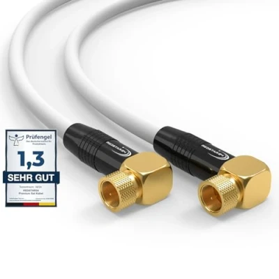 Immagine di Cavo SAT 1,5m Satellitare TV Antenna Digitale Coassiale per Internet 2x F Stecker Angolati a 90 Router, Modem di Collegamento HD, 4K UHD,8K, DVB S/S2 Bianco