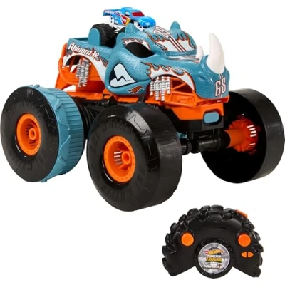 Immagine di Hot Wheels Monster Trucks Macchina Telecomandata Rhinomite Trasformabile in scala 1:12, si trasforma un lanciatore, con truck Race Ace 1:64 incluso, giocattolo per bambini 5+ anni, HPK27