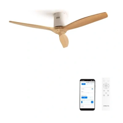 Immagine di CREATE / WINDCALM DC/Ventilatore da soffitto con WIFI motore DC bianco, pale in legno naturale/Silenzioso, timer