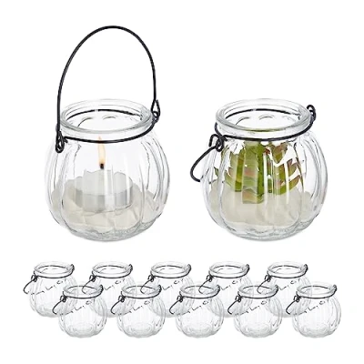 Immagine di Relaxdays Vasetti Portacandele, Set 12, Vasi in Vetro, Bicchieri Lanterne, con Manico, HxD 7,5 x 8 cm, Trasparente Nero, 80% 20% Ferro
