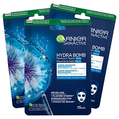Immagine di Garnier SkinActive Hydra Bomb Maschera Viso Notte in Tessuto Super Idratante Formula Vegana con Fiordaliso ed Acido Ialuronico ad Azione Rigenerante per Pelli Stanche e Sensibili 3 Maschere Monouso