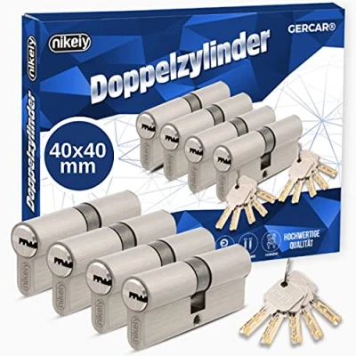 Immagine di GERCAR set di 4 serrature a cilindro profilato con chiave unica, 80 mm, doppio cilindro, 40/40, in ottone opaco massiccio, 10 chiavi reversibili, lunghezza: A:40, B:40, da pezzi