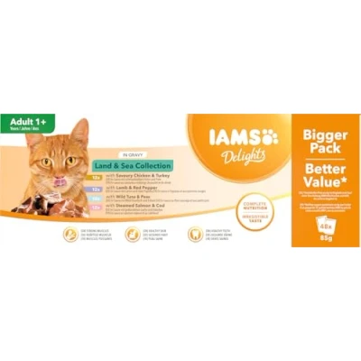 Immagine di IAMS Delights Pacco misto 48 x 85 g Alimento umido per gatti Sapori di Terra e Mare in Salsa