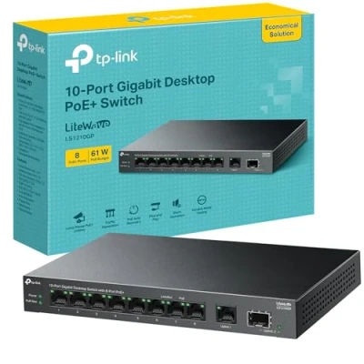Immagine di TP Link Switch desktop Gigabit a 10 porte con PoE+ 8 porte, budget PoE da 61 W, uscita 30 trasmissione fino 250 m. Separazione del traffico, Plug and Play, senza ventola, custodia in