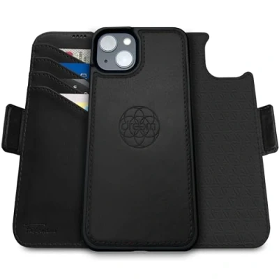 Immagine di dreem Fibonacci compatibile con iPhone 15 custodia a portafoglio/custodia antiurto 2 in 1 e folio pelle vegana staccabile, MagSafe, protezione RFID [Nero]