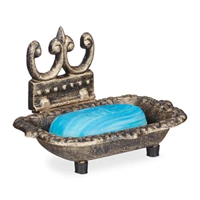 Immagine di Relaxdays Porta Saponetta, Sapone Solido, Design Antico, in Ghisa, Portasaponetta Bagno, Piattino Rettangolare, Bronzo, Gomma, 11.5x15x10 cm