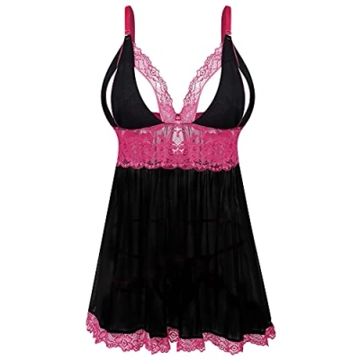 Immagine di EVELIFE Lingerie Donna Sexy Pizzo Floreale Taglie Forti Babydoll e G String Set Scollo a V Camicia da Notte Trasparente Completo Intimo Biancheria (Nero M)