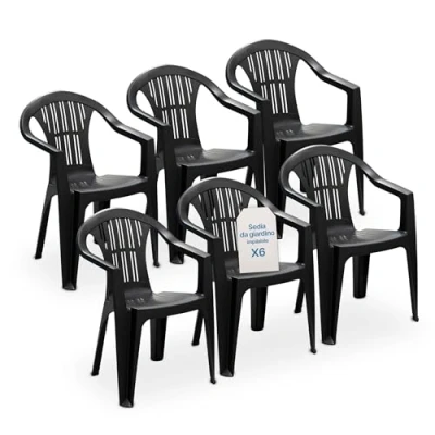 Immagine di Tomaino Sedia Da Giardino In Plastica, Set 6 Sedie Per Esterno Resina, Con Braccioli, Impilabile Campeggio, Bar (6, Nero)