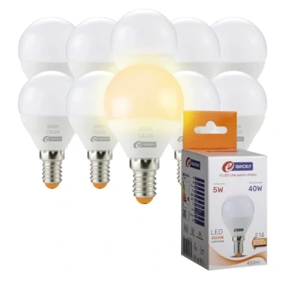 Immagine di e QUICKLY Lampadine LED E14 Luce calda, attacco piccolo E14, 5W (Equivalenti a 40W), 450 Lumen, bianca calda 3000K, Massima efficienza Risparmio Energetico, lampadina forma sfera, 10 PZ