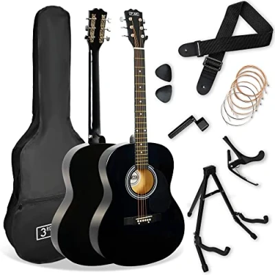 Immagine di 3rd Avenue Pacchetto con chitarra acustica di dimensioni standard 4/4 livello beginner, custodia da trasporto, plettri e corde riserva, stand, tracolla, capotasto Nero