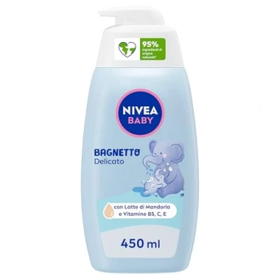Immagine di NIVEA BABY Bagnetto Delicato 450ml, Bagnoschiuma bambini per una detersione delicata E idratante, neonato con Glicerina naturale, Latte di Mandorla Vitamine B5, C &amp;