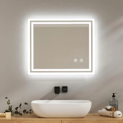 Immagine di EMKE specchio da bagno con luce LED, 60 x 50 cm, anti appannamento, interruttore tattile, bianco freddo regolabile, funzione di memoria, spegnimento automatico dopo 3 ore,