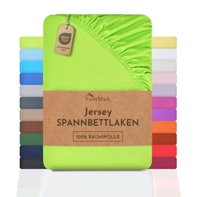 Immagine di NatureMark Lenzuolo con angoli elasticizzati in jersey, 100% cotone, molti colori e misure, conforme all’Oeko Tex Standard 100, 180 x 200 cm Mela verde