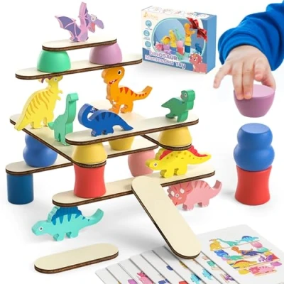 Immagine di Montessori Dinosauri Giocattoli per Neonati 1 2 3 4 anni di apprendimento prescolare ragazzi e ragazze dai ai in legno ordinare, impilare bilanciare