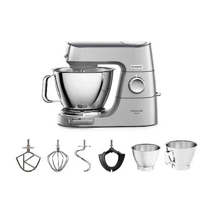 Immagine di Kenwood Titanium Chef Baker Silver KVC85.004SI, Impastatrice Planetaria, Bilancia Integrata, 3 Ganci e Fruste per Miscelazione in Acciaio Inox Frusta Gommata, Ciotole da 5L 3,5L, 1200W, Argento