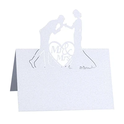 Immagine di Biglietto di auguri per tavolo da matrimonio, 50 pezzi 3D Hollow Table Setting Name Place Cards Biglietti intagliati a forma cuore matrimoni, numeri tavolo, bianco