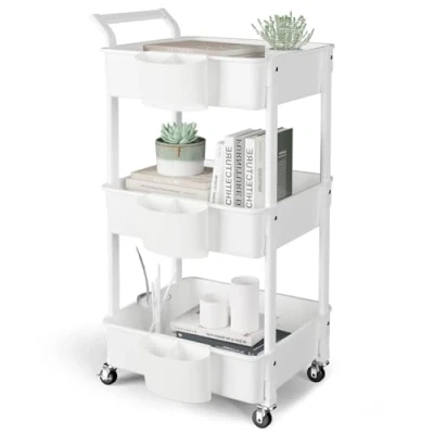 Immagine di HBTower Carrello di Servizio da Cucina a 3 Ripiani, con Ruote, per Rotoli, Multiuso Cucina, Bagno, Ufficio, Bianco