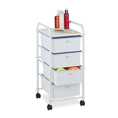 Immagine di Relaxdays Carrellino Salvaspazio con 4 Cassetti, Metallo &amp; Plastica, Carrello Porta Trucchi da Bagno, Multiuso, Bianco, Ferro, 1 pz
