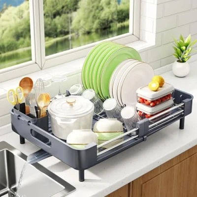 Immagine di SAYZH Scolapiatti, Scolapiatti da Appoggio, Salvaspazio Espandibile Di Grande Capacità in Acciaio Inossidabile con Porta Utensili Tazze per Bancone Della Cucina (Grigio)