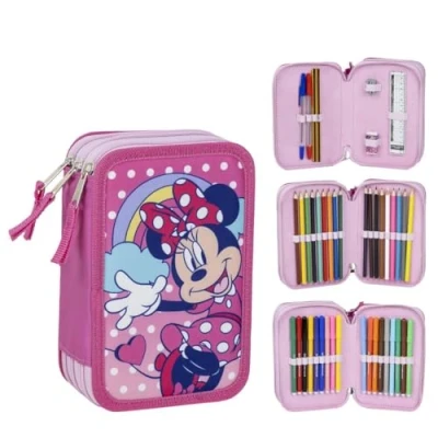 Immagine di Astuccio scuola per bambini di Minnie Mouse Colore rosa Chiusura a cerniera 12,5 x 6,5 19,5 cm Triplo scomparto Include accessori Prodotto originale progettato in Spagna, Rosa,