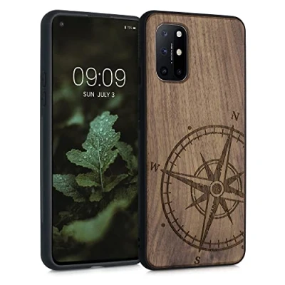 Immagine di kwmobile Custodia Compatibile con OnePlus 8T Cover Back Case in Legno Bumper Silicone TPU Bussola vintage marrone scuro