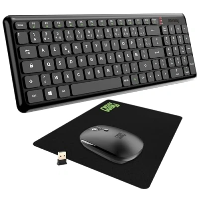 Immagine di NEWWAY Pack RF01 Tastiera Mouse Wireless con Tappetino Francese (AZERTY) 97 Tasti 13 Scorciatoie multimediali WiFi 2.4 GHz 4 Compatti Ricevitore USB Nero
