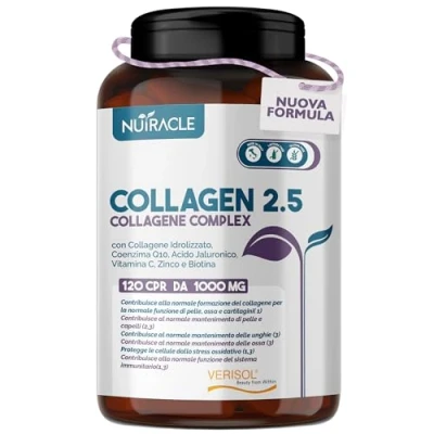 Immagine di Collagene Idrolizzato Verisol® 2500 mg + Acido Ialuronico Coenzima Q10 Integratore Pelle, Capelli e Ossa con Biotina, Zinco Vitamina C 120 compresse, Nutracle