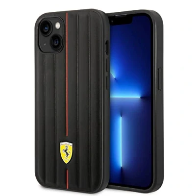 Immagine di Ferrari custodia per iPhone 14 Plus in pelle goffrata, a righe nere, protettiva resistente e antigraffio con facile scatto, assorbimento degli urti logo firmato