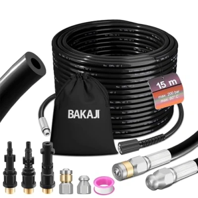 Immagine di BAKAJI Sonda Sturatubi Spurgatubi Alta Pressione 200 Bar, Sistema Antipiega con Custodia, 3 adattatori, 2 ugelli fissi e rotanti, Compatibile idropulitrice Kärcher k2 k7 LAVOR (15 Metri Borsa)