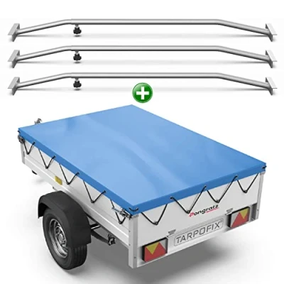 Immagine di Tarpofix® Telo per rimorchio auto 256 x 145 8 cm + 3x Staffa telone (regolabile 140 210 cm) Copri in materiale PVC vari rimorchi da 750kg &amp; 1000kg