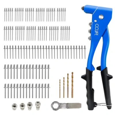 Immagine di CCLIFE Rivettatrice Manuale Professionale con 4 Teste HSS Intercambiabili Set Completo 120 Rivetti in Alluminio e Dadi