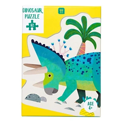 Immagine di Talking Tables Puzzle e poster con dinosauri a forma di triceratopo blu verde da 62 pezzi, Colore Puzzles pour enfant giurassici, compleanno, Natale, DINO PUZZ TRI