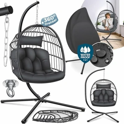 Immagine di KESSER® Sedia sospesa Jungle con Struttura in Acciaio a Cestino incl. Grande Cuscino + Supporto per la Coperta Interni Poltrona Esterni