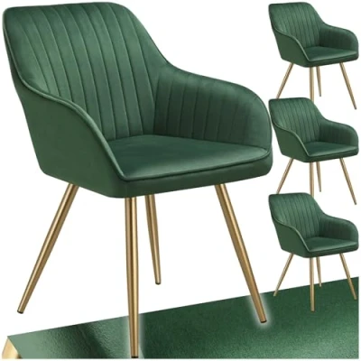 Immagine di TecTake® Sedie da Pranzo Effetto Velluto Trapuntato, Elegante, Imbottitura Schiuma Alta Densità, Gambe in Acciaio, Montaggio Semplice Verde Scuro/Oro, 4