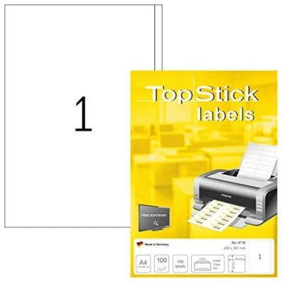 Immagine di TopStick etichette multiuso autoadesive, 1 etichetta per foglio A4, 100 fogli, 200 x 297 mm, etichette, universali vuote, stampanti laser e inkjet, bianco