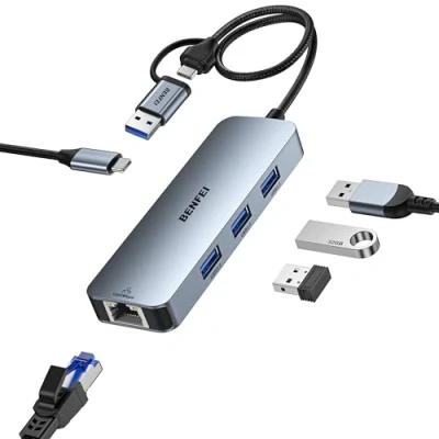 Immagine di BENFEI Adattatore USB C 3.0 Ethernet,Hub con 3 Porte e 1 Porta LAN RJ45 1000M Gigabit, Ethernet C/USB per MacBook Pro/Air 2023 iPad Pro iMac S23 Surface Book