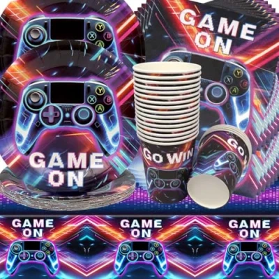 Immagine di Doyomtoy Video Game Stoviglie per Feste, 61 Pezzi Decorazioni Feste di Compleanno Videogiochi Piatti Tazze Tovaglioli Tovaglie Bambini