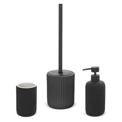Immagine di Inbagno Set Accessori Bagno 3 Pezzi in Ceramica Nero cannettato, Dispenser Sapone portaspazzolini e portascopino Soft Touch, Spring