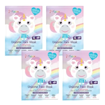 Immagine di 7th Heaven Maschera facciale unicorno con frutta Yuzu e bacche di Dubiay per lenire nutrire la pelle confezione multipla Ideale tutti i tipi (dagli 8 anni in su, da 4)