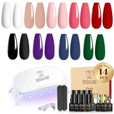 Immagine di ROSALIND Kit Semipermanente Unghie con UV LED Lampada, 14 Pezzi 9 Coloris Nero Bianco Rosso Rosa Verde Viola Smalto Unghie, di Partenza Soak Off Nail Art Manicure