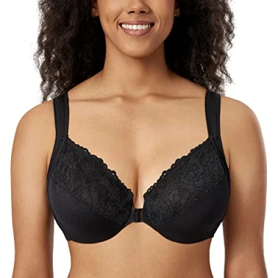 Immagine di DELIMIRA Donna Reggiseno Apertura Frontale con Ferretto Pizzo Coppa Completa Non Imbottito Taglie Forti Nero 3E
