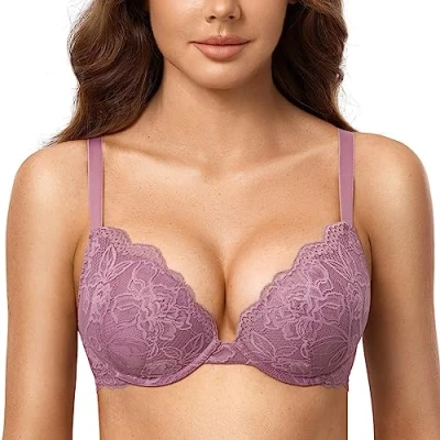 Immagine di DOBREVA Reggiseno Donna Push Up in Pizzo con Ferretto Imbottito Plunge a Coppe Modellate Orchid Rose 3E