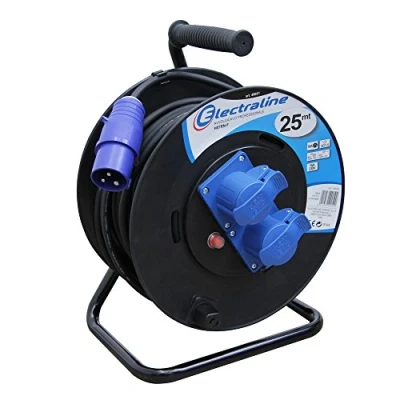 Immagine di Electraline 49051 prolunga in Gomma con avvolgicavo 25 mt 2 Prese industriali IEC Spina a 3 Poli CEE Adatto per Camper, Campeggio, Caravan, Barca, Can, Nero/Blu